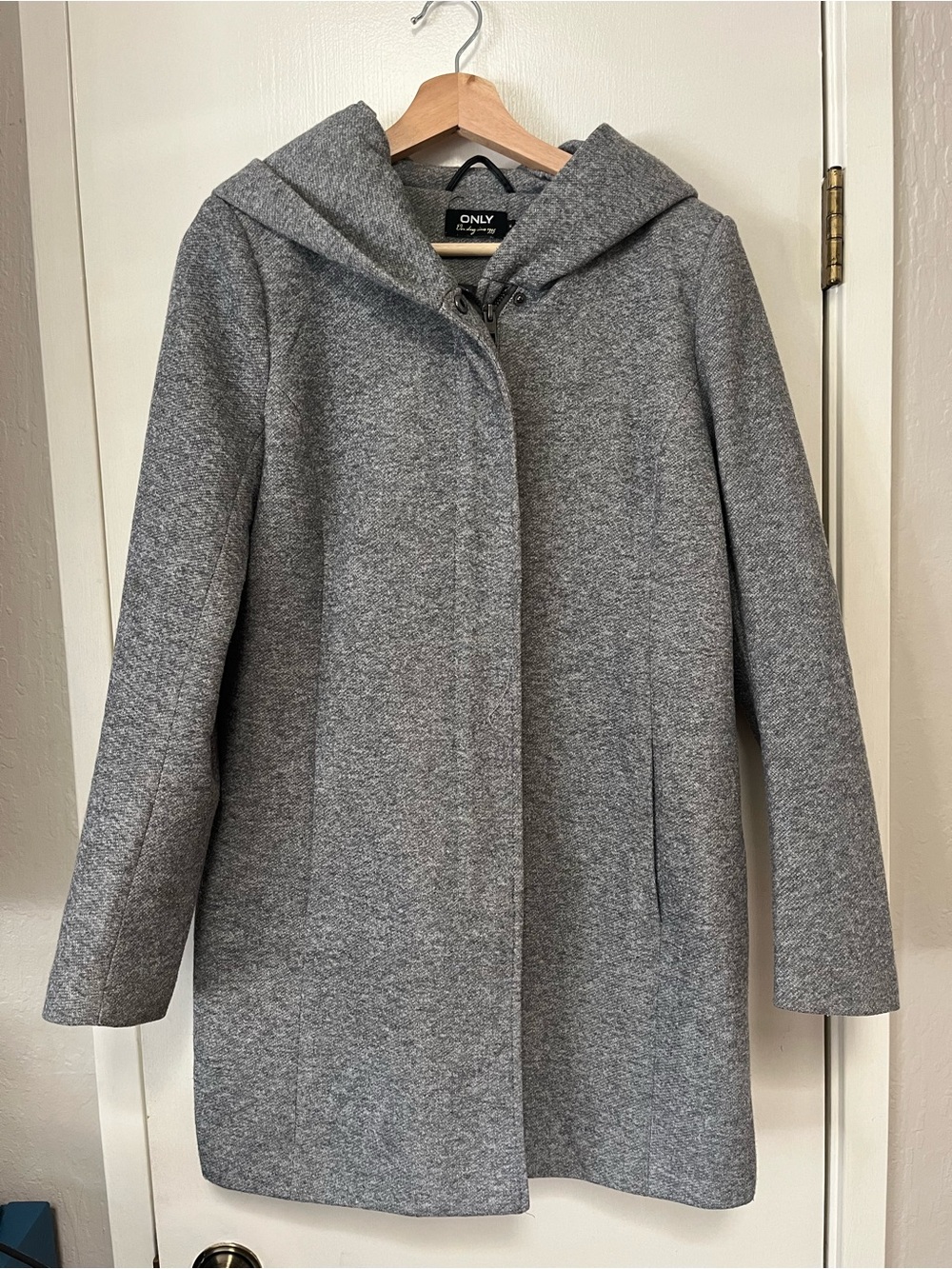 ONLY Heather Gray Hooded Coat Zip Snap Front Size M